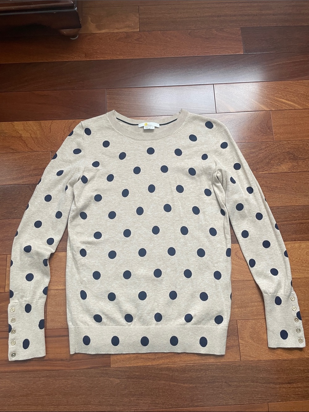 Boden Beige Crewneck Sweater with Navy Polka Dots